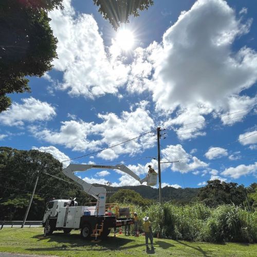 Crew member in cherry picker being raised to powerlines with crew on ground next to scrublands