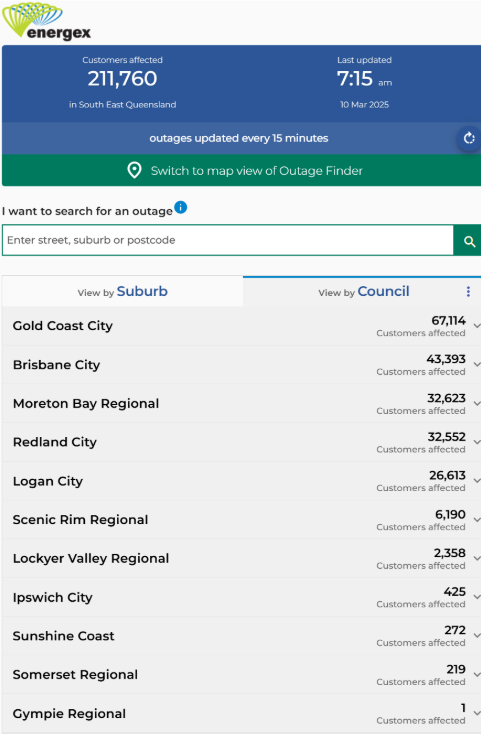 Screenshot of the Energex Emergency power outages on 10 March with 211,760 customers out
