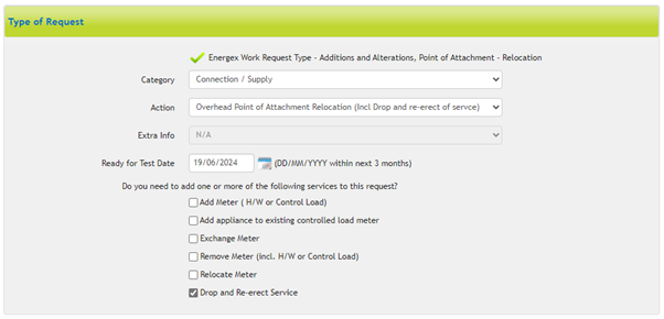 A screenshot of our portal to indicate the correct selections for a drop and re erect service request