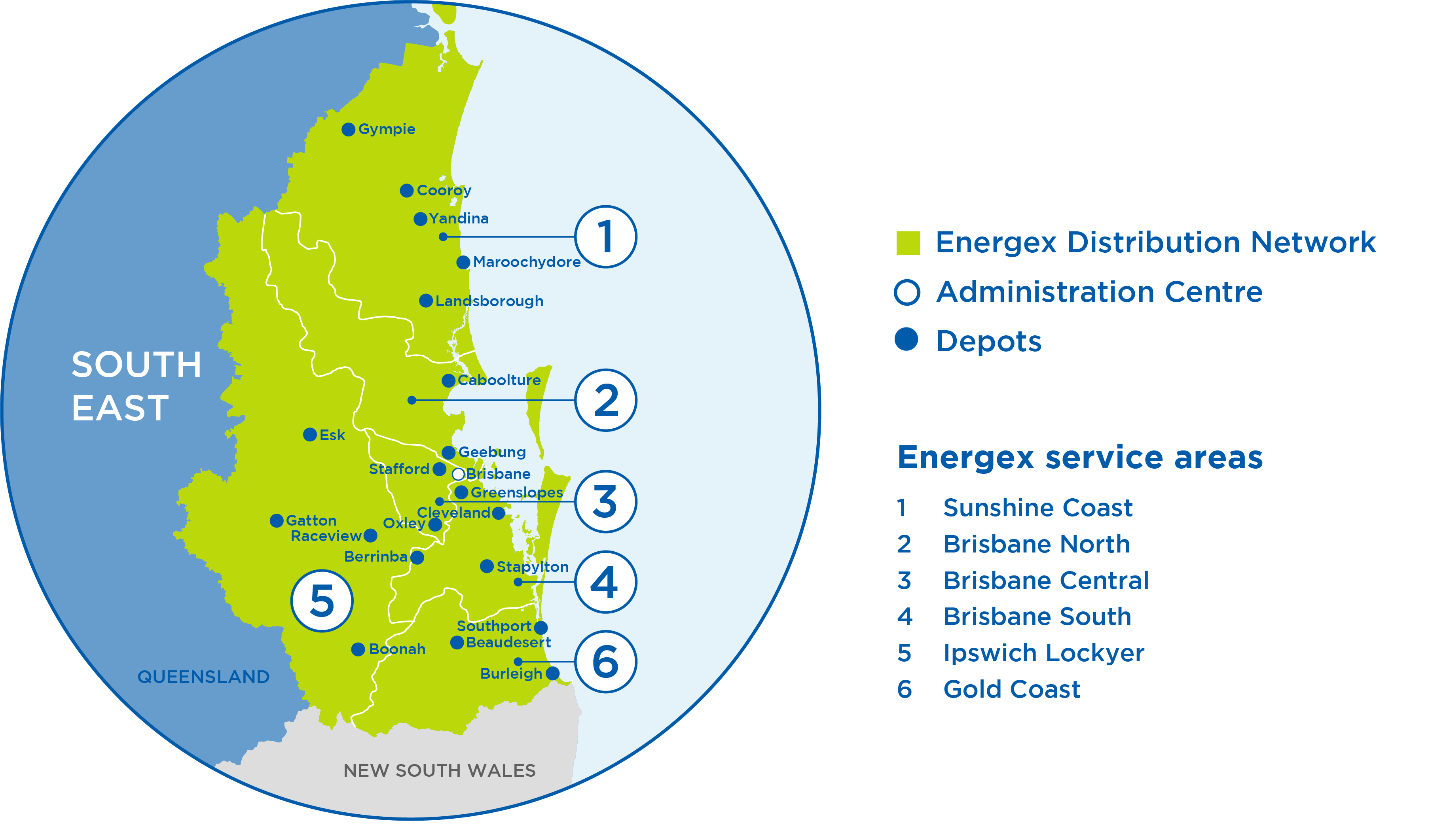 A map showing Energex's supply area from Tin Can Bay to Coolangatta