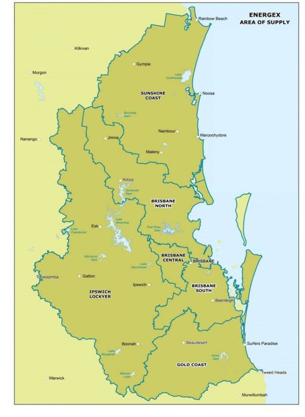 A map showing Energex's supply area from Tin Can Bay to Coolangatta