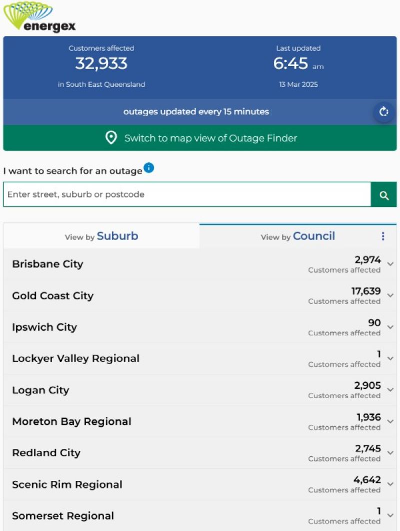 Screenshot of the Energex Emergency power outages on 13 March with 32,933 customers out