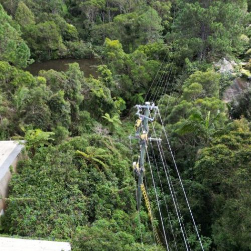 Aerial view of crews working on powerlines in rainforest