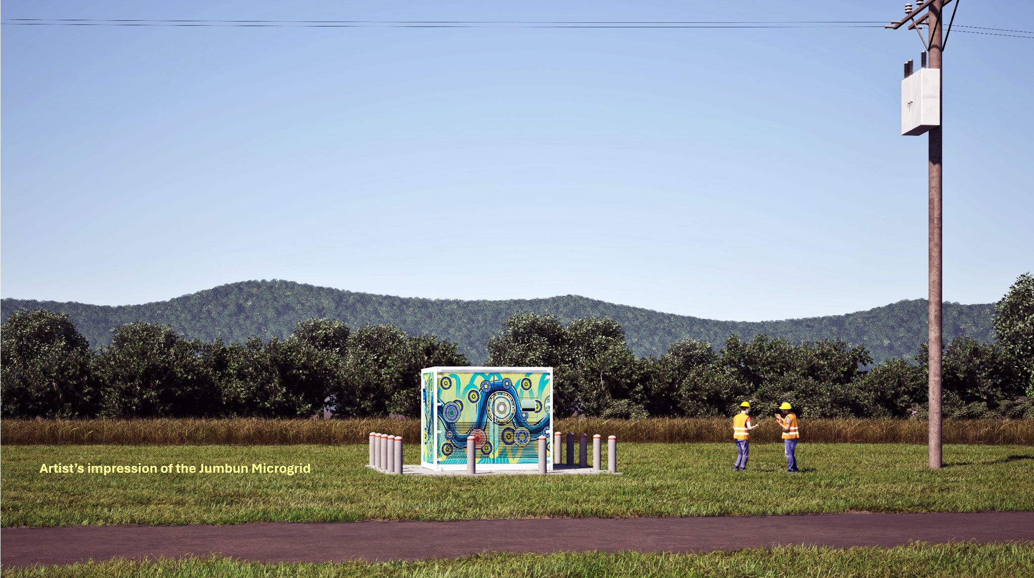 Artist impression of new microgrid on grass with trees in background and workers off to the side
