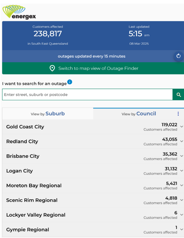 Screenshot of Energex Emergency outages at 8 March 5am