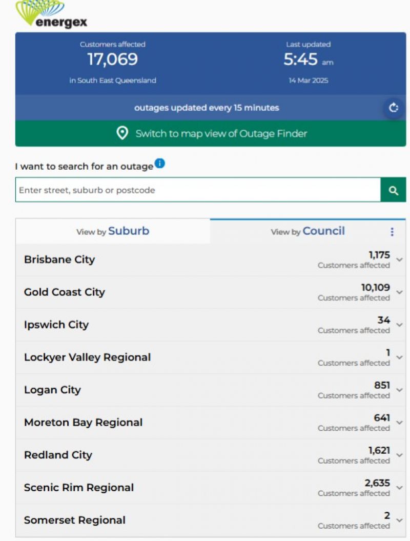 Screenshot of the Energex Emergency power outages on 14 March with 17,069 customers out