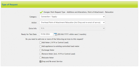 Electrical Partners Portal screenshot of Type of Request for Drop and Re-erect Service