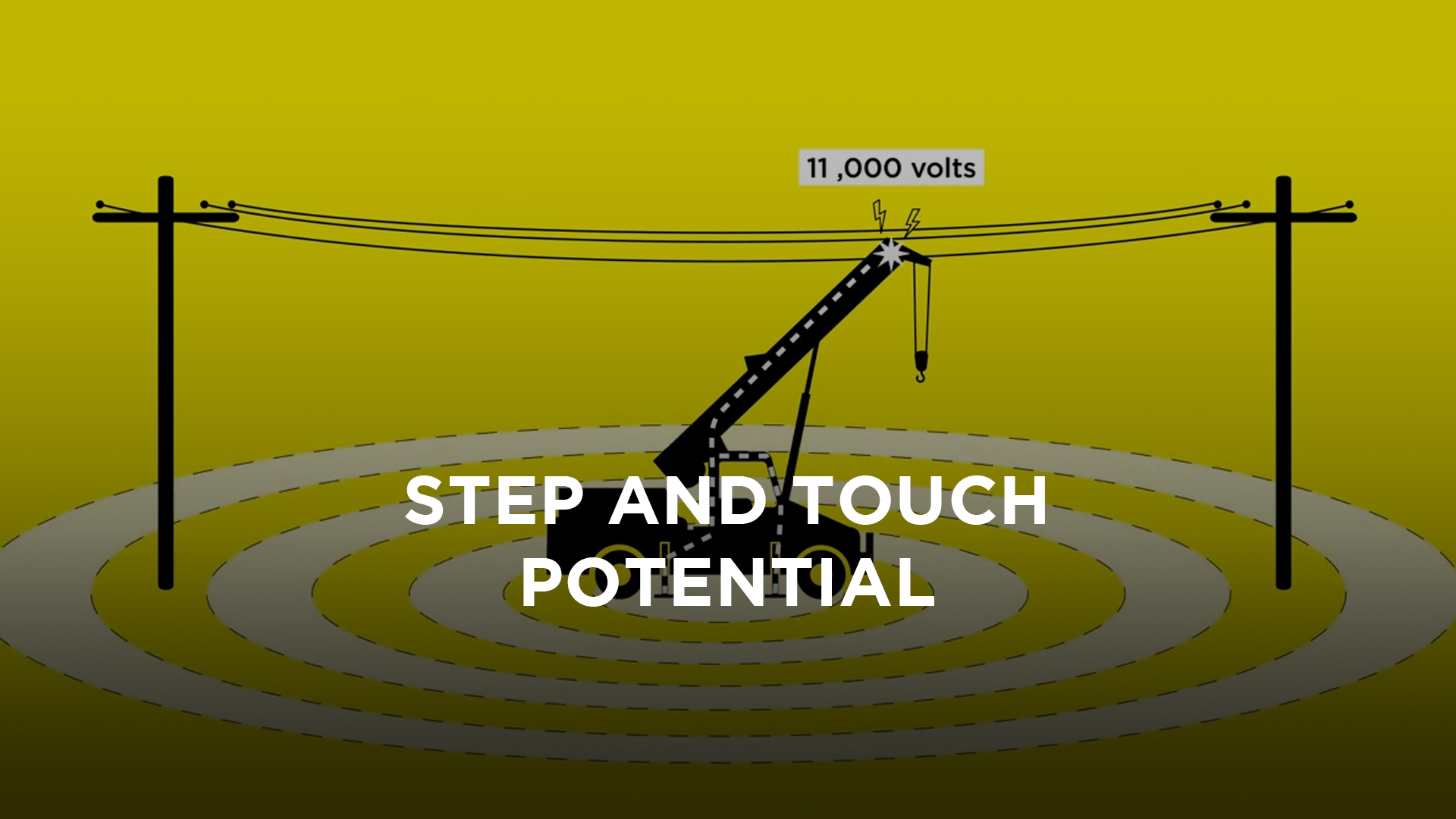 Cartoon of a crane touching powerlines with lightning bolts for step and touch potential