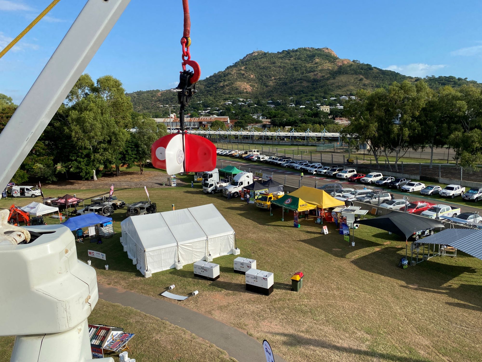 Rotamarka hanging from crane over oval