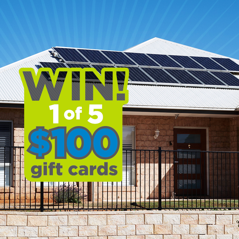 Residential house with wording of Win! 1 of 10 $100 gift cards.