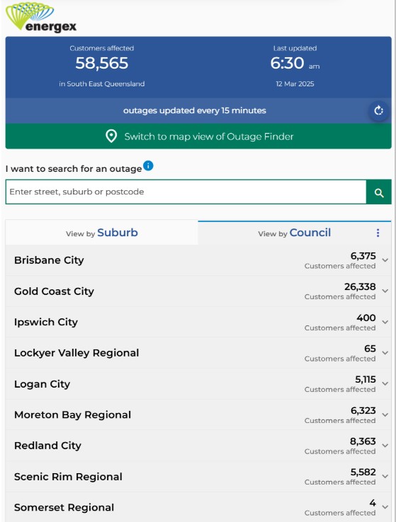 Screenshot of the Energex Emergency power outages on 12 March with 58,565 customers out