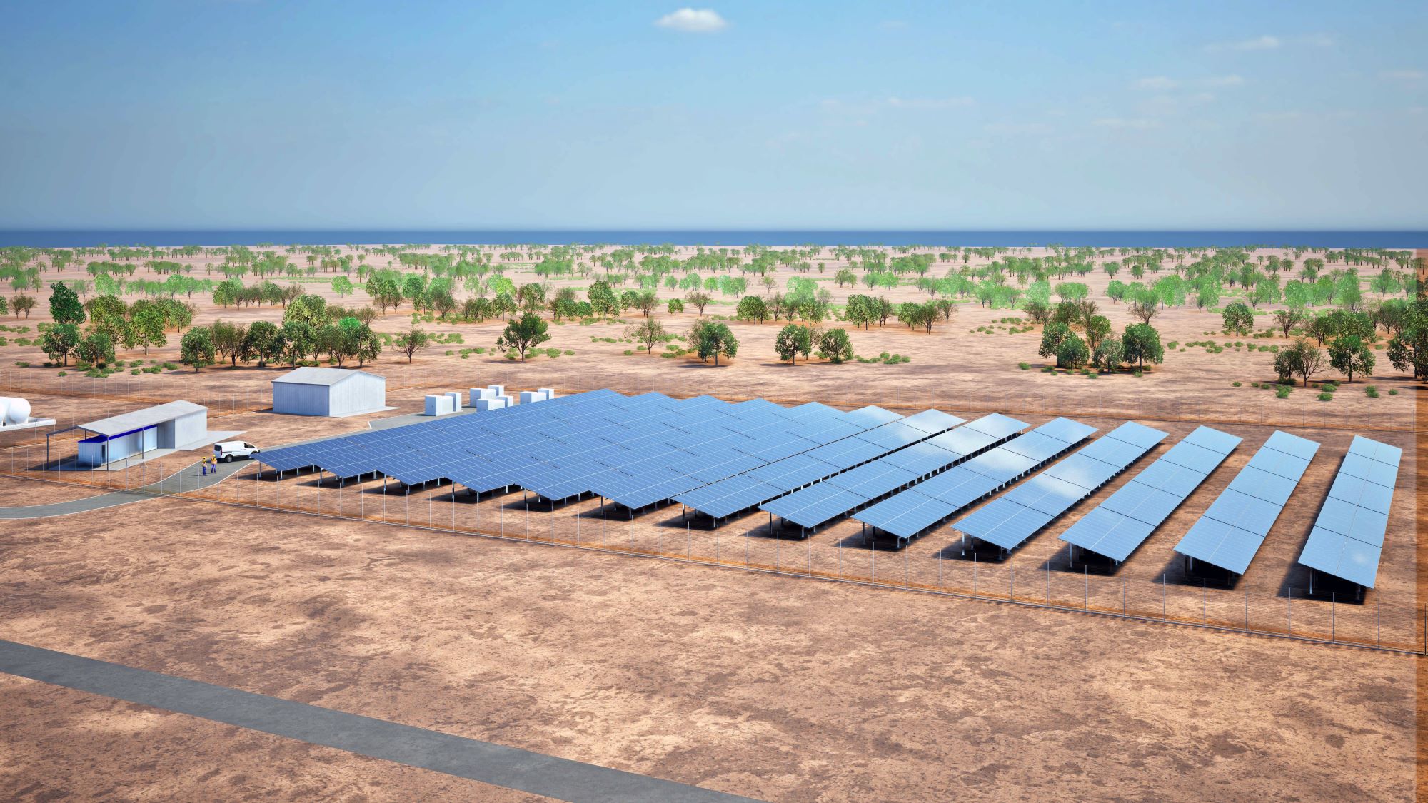 Artist impression of the solar farm in Windorah showing solar panels and trees