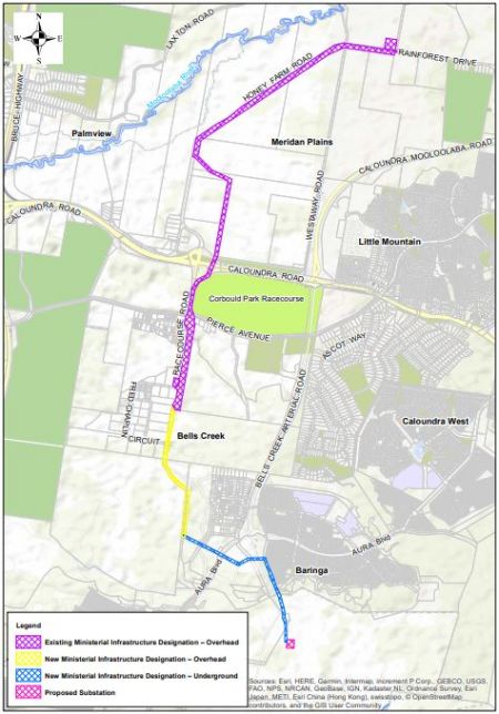 Map showing the SunSouth project from Birtinya Substation, Palmview Subsation, Bells Creek North Substation