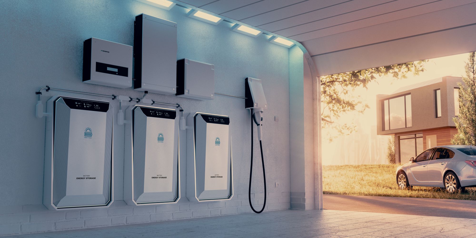 a home battery energy storage located in a garage with a sunny background with lawn car, family house and big city. 